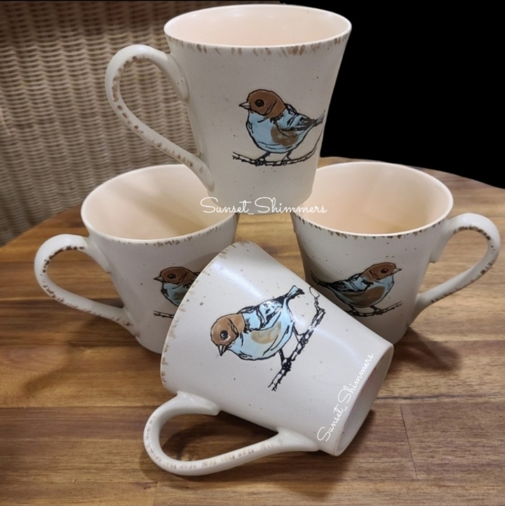 2pc Spring Summer Ceramic Etched Song Bird Coffee Mug Cups Set NEW